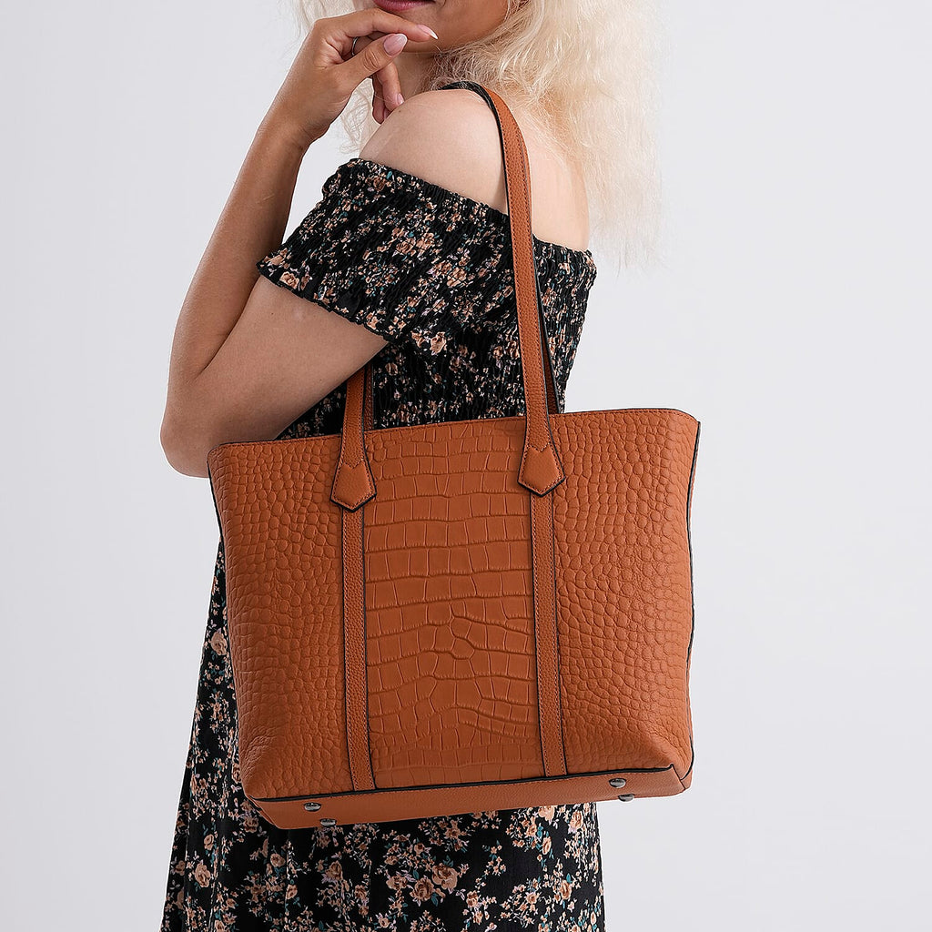 Genuine Leather Patterned Tote Bag (Size 38x12x27 cm) - Tan & Black