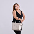 100% Genuine Leather Tote Bag (Size 39x12x27 cm) - Silver