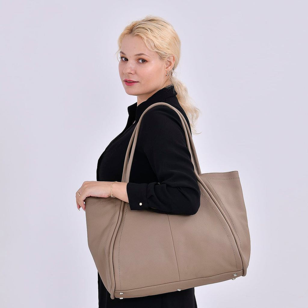 Designer Inspired- 100% Genuine Leather Oversized Tote Bag (Size 46x19x30 cm) - Beige