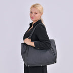 Designer Inspired - 100% Genuine Leather Patterned Oversize Tote Bag (Size 46x19x30 cm) - Black