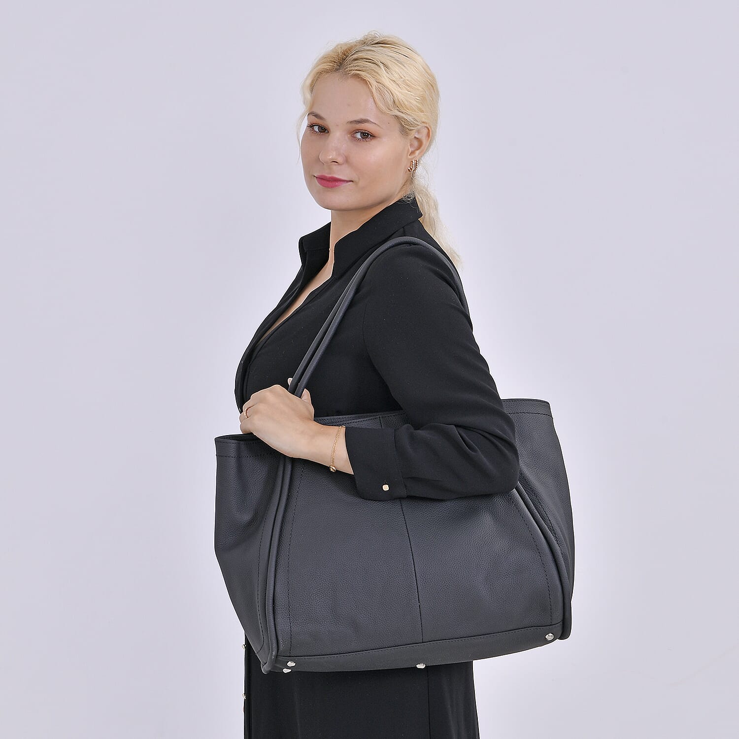 Designer Inspired - 100% Genuine Leather Patterned Oversize Tote Bag (Size 46x19x30 cm) - Black