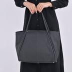 Designer Inspired - 100% Genuine Leather Patterned Oversize Tote Bag (Size 46x19x30 cm) - Black