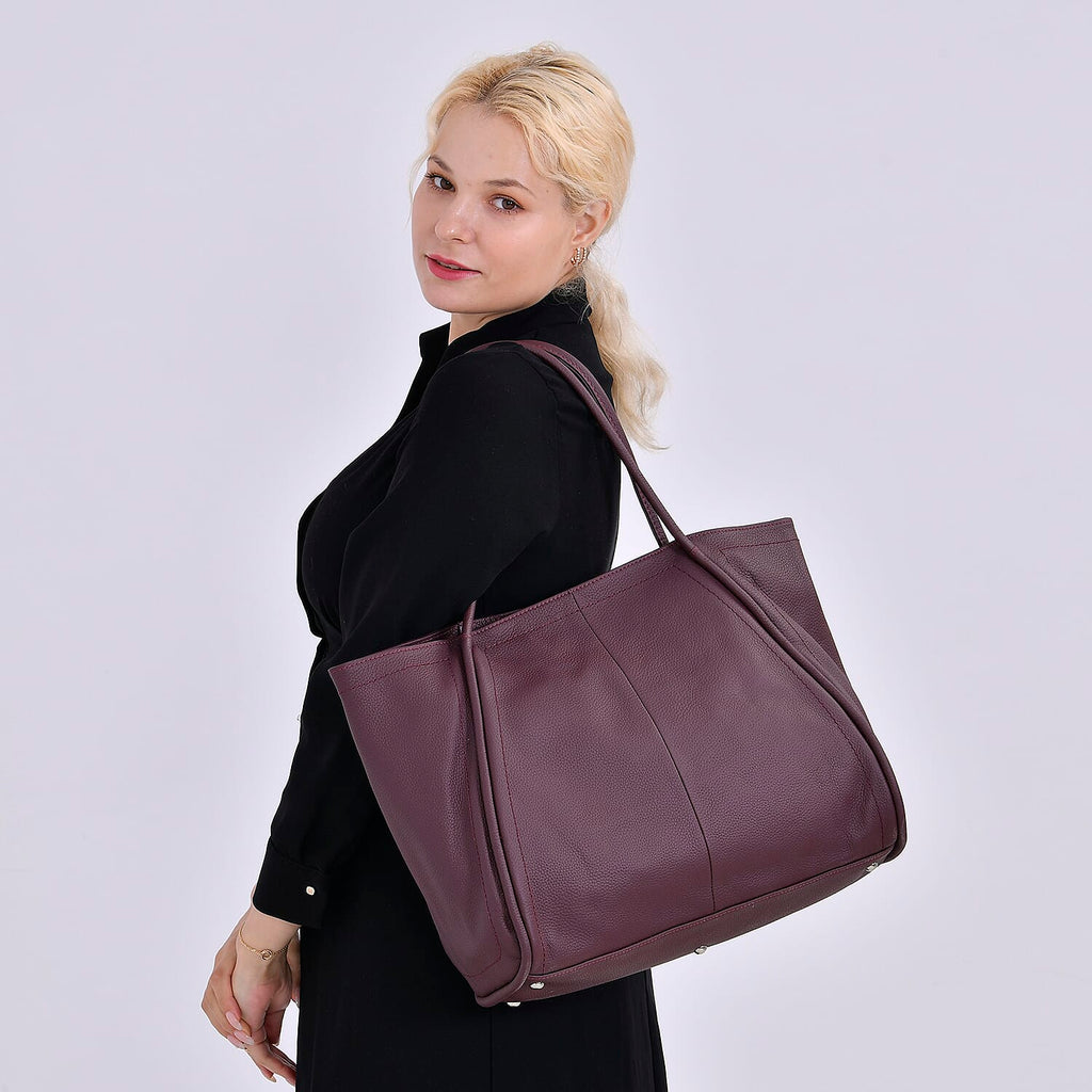 Designer Inspired- 100% Genuine Leather Oversized Tote Bag (Size 46x19x30 cm) - Burgundy