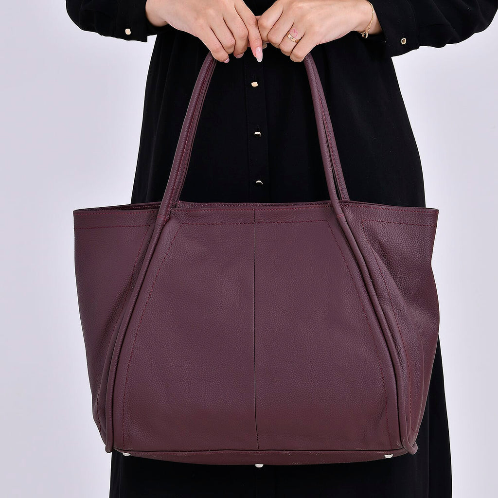 Designer Inspired- 100% Genuine Leather Oversized Tote Bag (Size 46x19x30 cm) - Burgundy