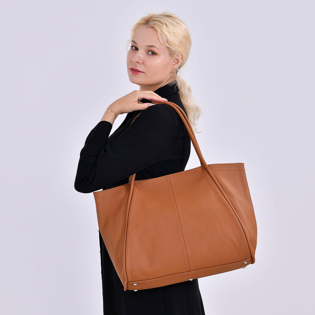 Designer Inspired- 100% Genuine Leather Oversized Tote Bag (Size 46x19x30 cm) - Tan