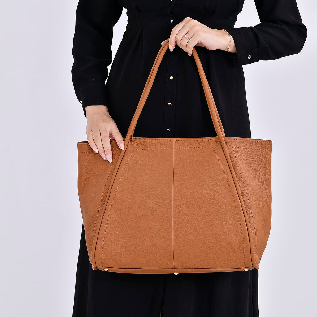 Designer Inspired- 100% Genuine Leather Oversized Tote Bag (Size 46x19x30 cm) - Tan
