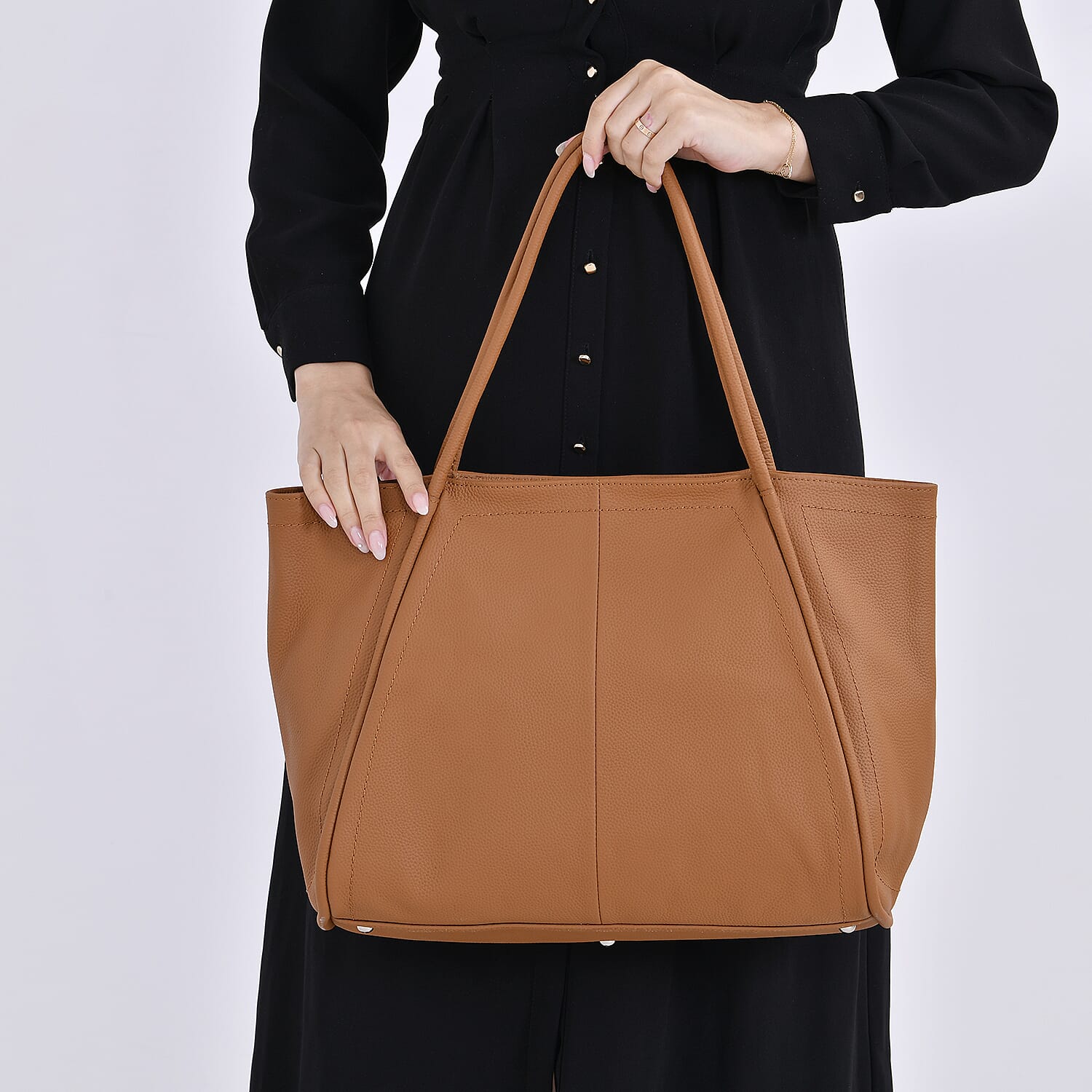 Designer Inspired- 100% Genuine Leather Oversized Tote Bag (Size 46x19x30 cm) - Tan