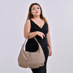 Designer Inspired Full Grain Genuine Leather Half Moon Slouch Bag - Beige