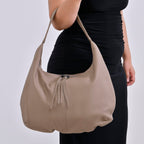 Designer Inspired Full Grain Genuine Leather Half Moon Slouch Bag - Beige