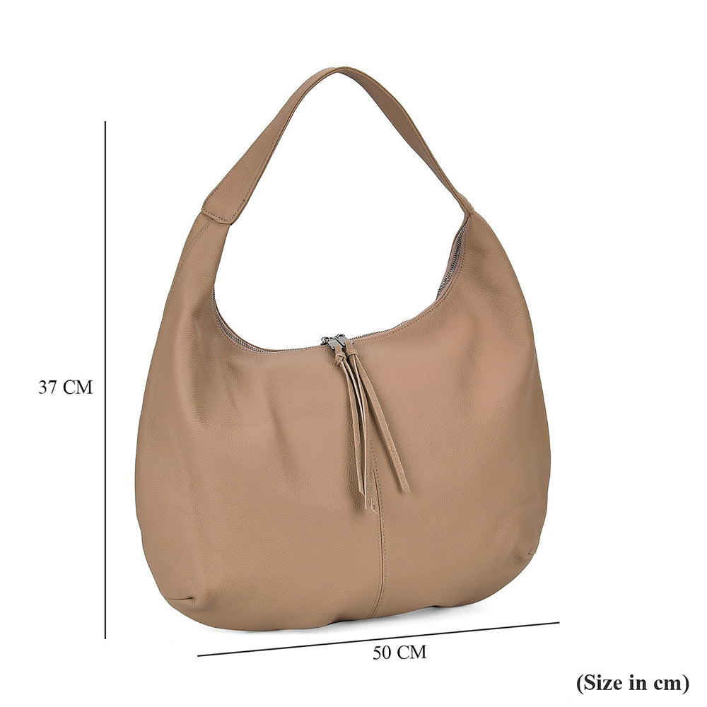 Designer Inspired Full Grain Genuine Leather Half Moon Slouch Bag - Beige