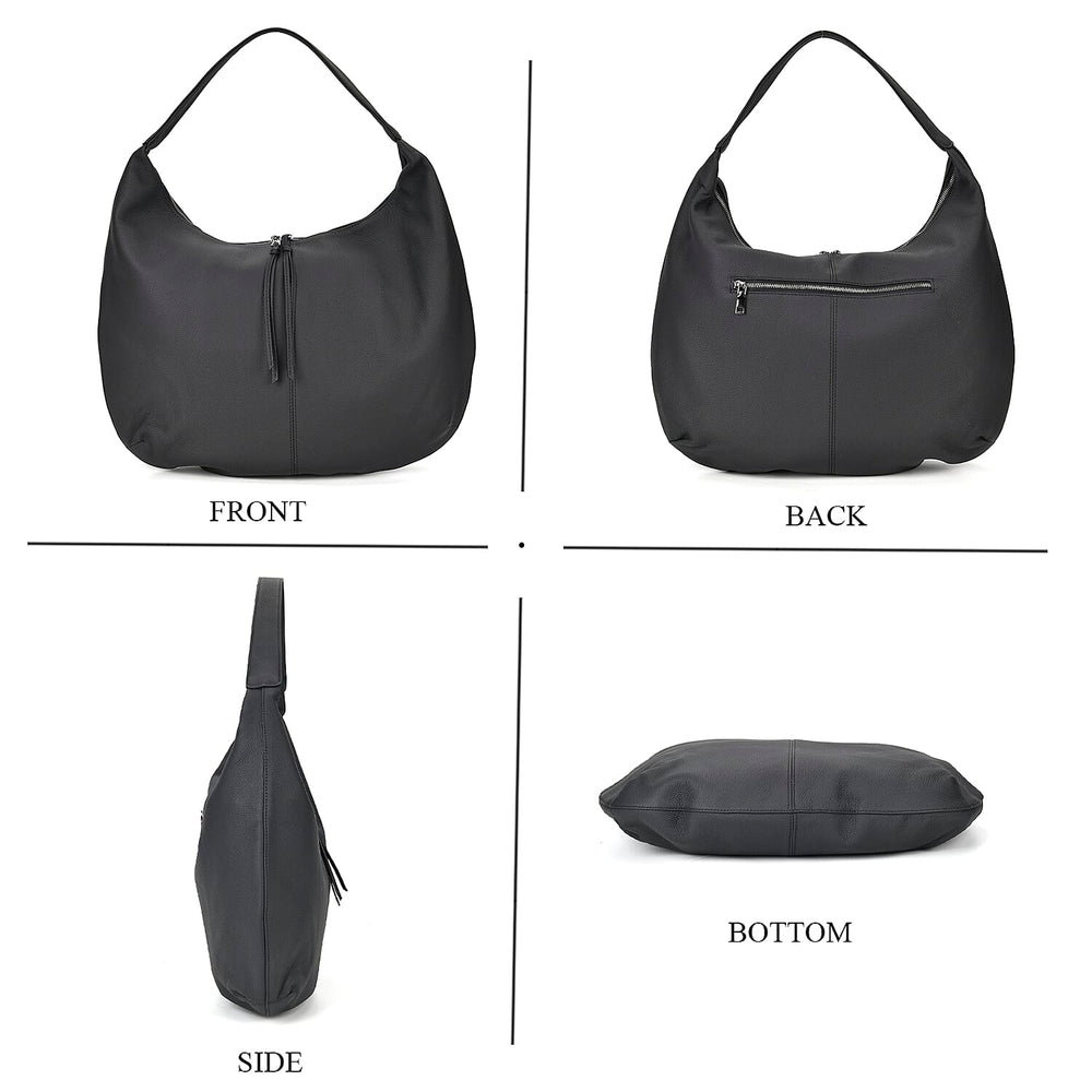 Designer Inspired Full Grain Genuine Leather Half Moon Slouch Bag - Black