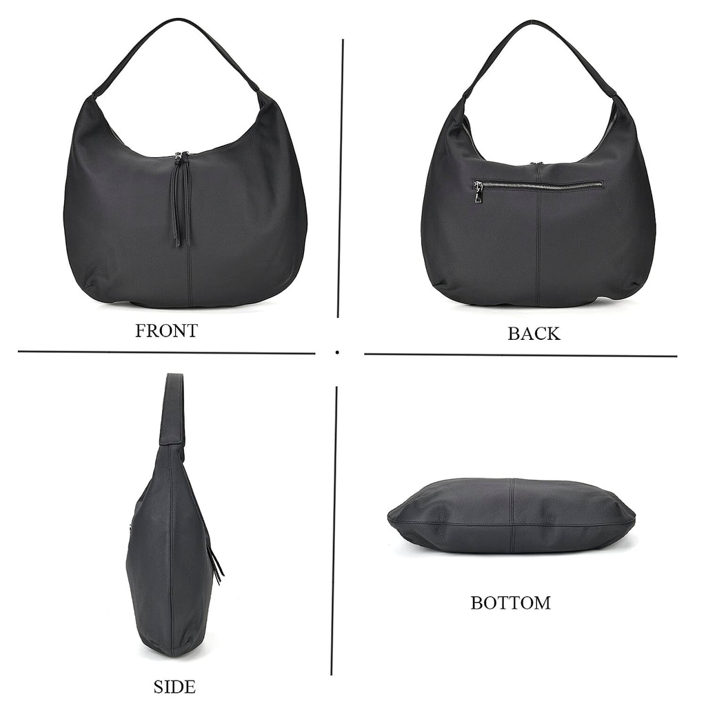 Designer Inspired Full Grain Genuine Leather Half Moon Slouch Bag - Black