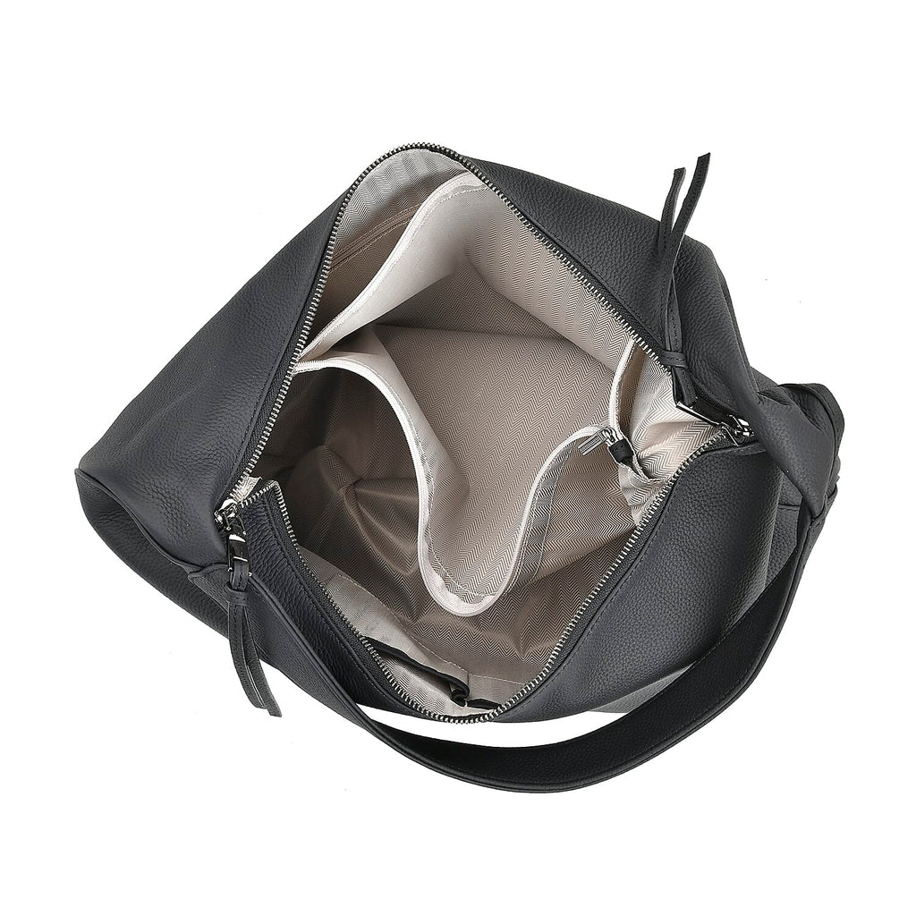 Designer Inspired Full Grain Genuine Leather Half Moon Slouch Bag - Black
