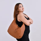 Designer Inspired Full Grain Genuine Leather Half Moon Slouch Bag - Tan
