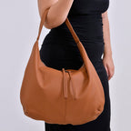 Designer Inspired Full Grain Genuine Leather Half Moon Slouch Bag - Tan