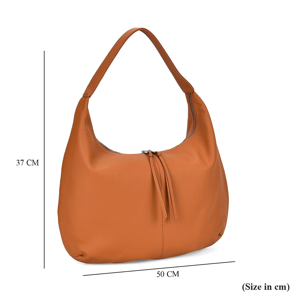 Designer Inspired Full Grain Genuine Leather Half Moon Slouch Bag - Tan