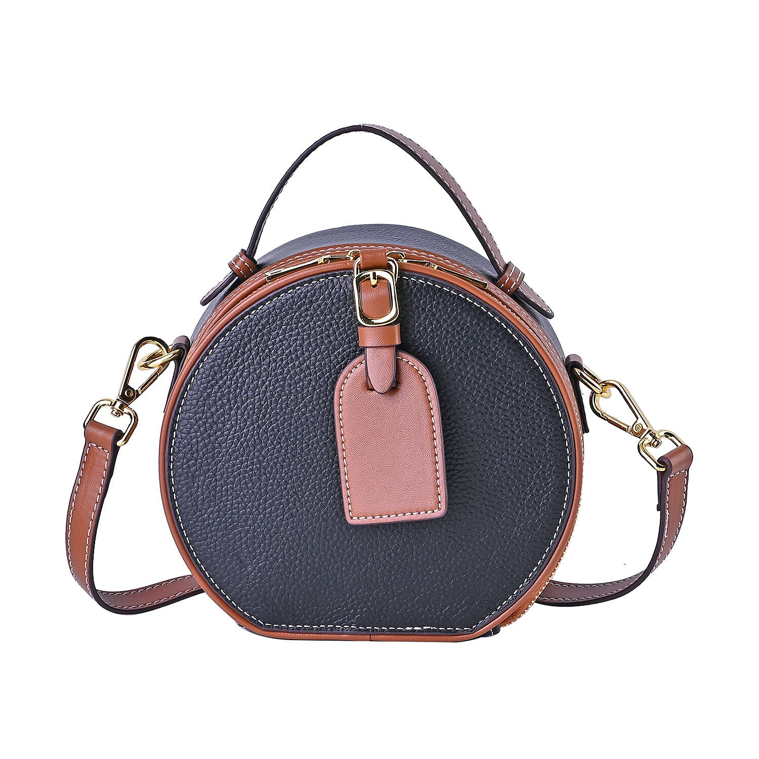 Hong Kong Closeout - Genuine Leather Round Crossbody Bag with Handle Drop - Black