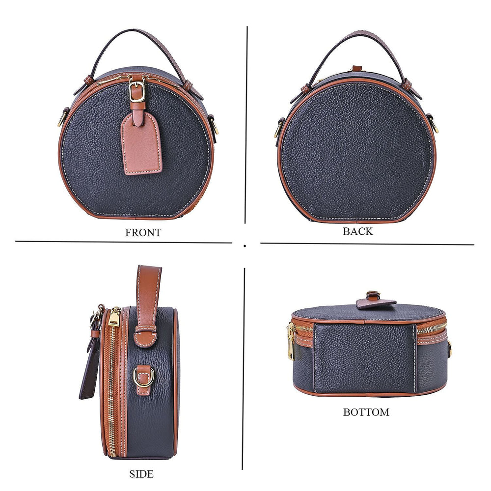 Hong Kong Closeout - Genuine Leather Round Crossbody Bag with Handle Drop - Black