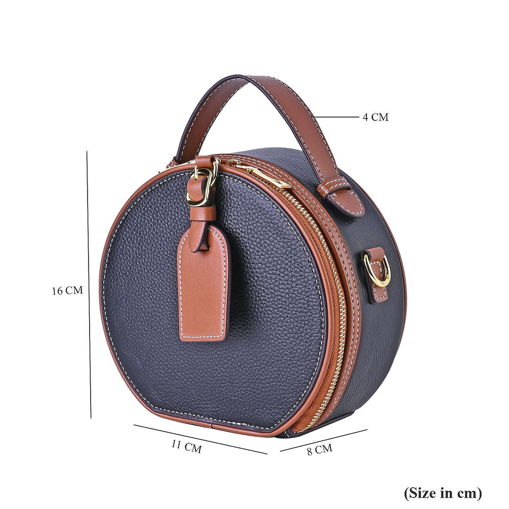 Hong Kong Closeout - Genuine Leather Round Crossbody Bag with Handle Drop - Black