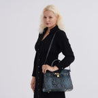 Genuine Leather Snakeskin Pattern Crossbody Bag with Top Handle - Blue