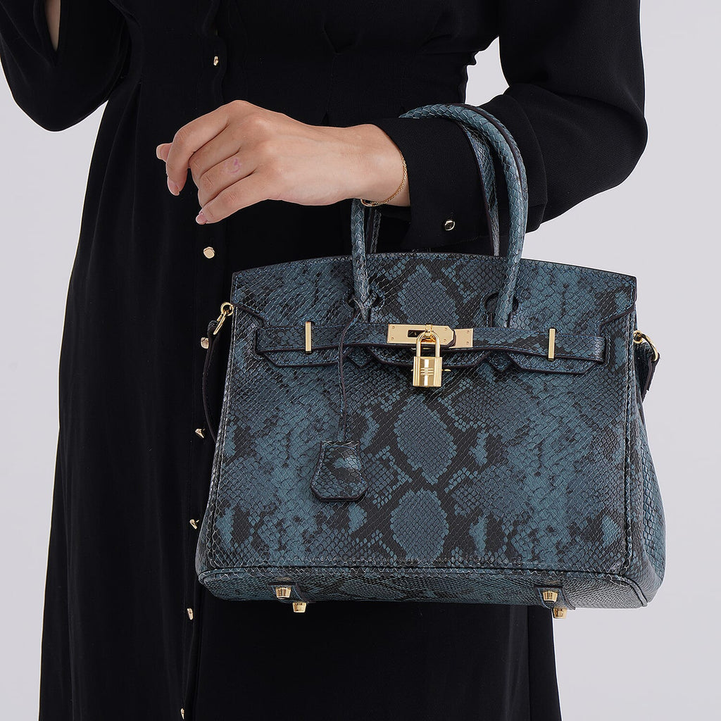 Genuine Leather Snakeskin Pattern Crossbody Bag with Top Handle - Blue