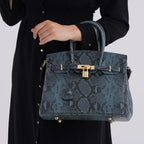 Genuine Leather Snakeskin Pattern Crossbody Bag with Top Handle - Blue