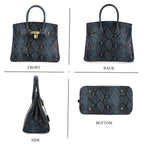 Genuine Leather Snakeskin Pattern Crossbody Bag with Top Handle - Blue