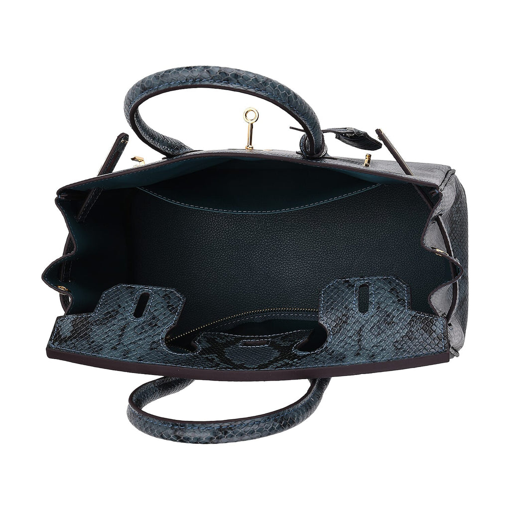 Genuine Leather Snakeskin Pattern Crossbody Bag with Top Handle - Blue