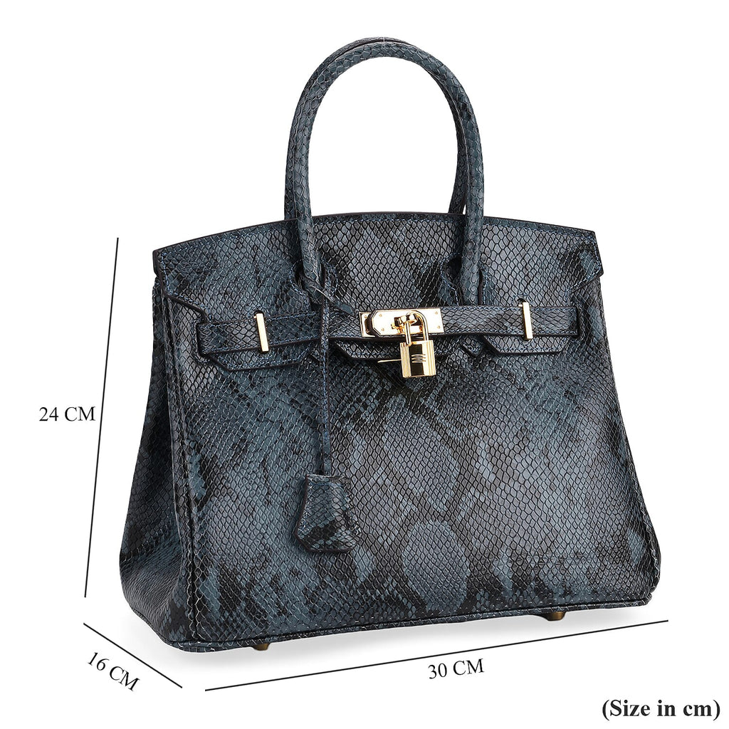 Genuine Leather Snakeskin Pattern Crossbody Bag with Top Handle - Blue