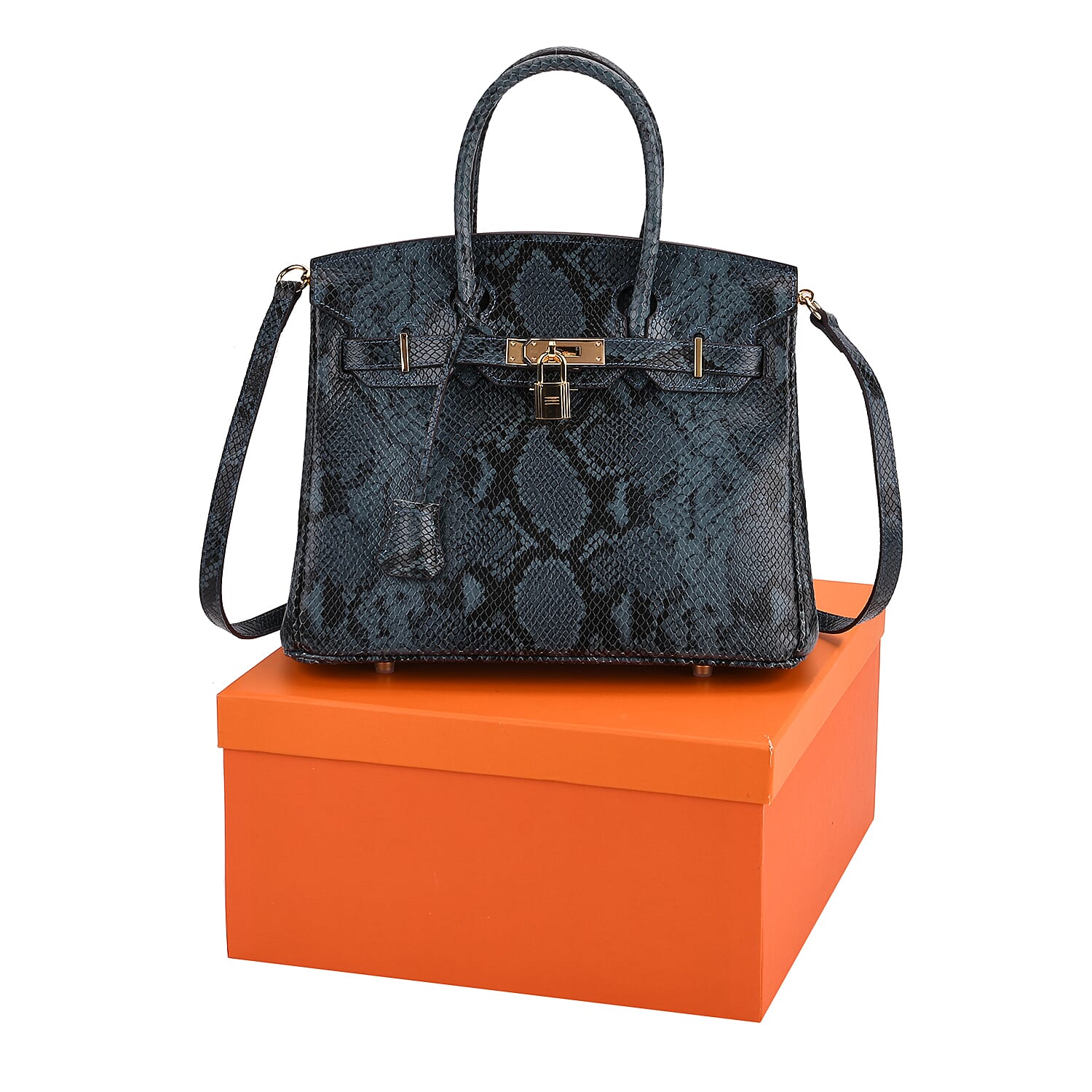 Genuine Leather Snakeskin Pattern Crossbody Bag with Top Handle - Blue