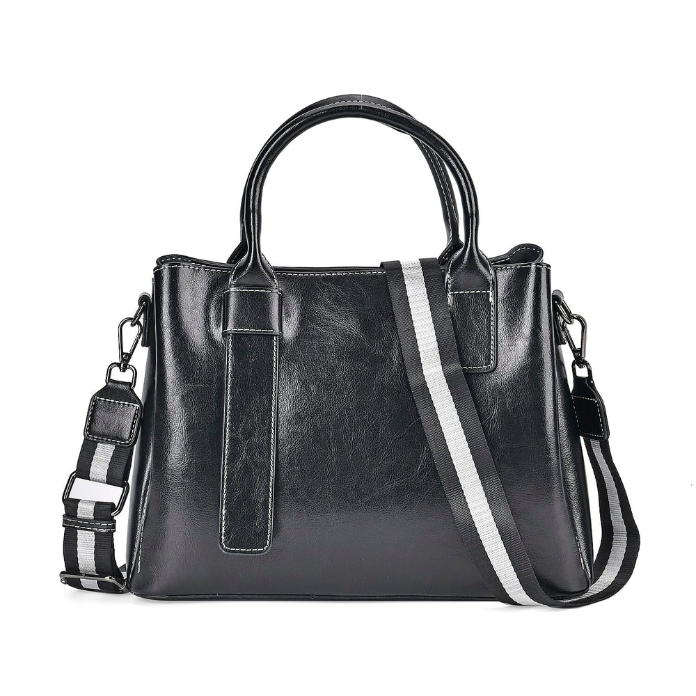Milan Fashion Closeout - 100% Genuine Leather Shoulder Bag with 2 Long Shoulder Strap -  Black