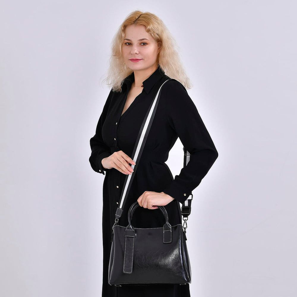 Milan Fashion Closeout - 100% Genuine Leather Shoulder Bag with 2 Long Shoulder Strap -  Black