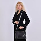Milan Fashion Closeout - 100% Genuine Leather Shoulder Bag with 2 Long Shoulder Strap -  Black