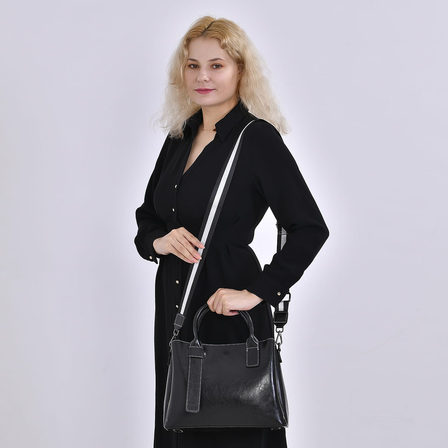 Milan Fashion Closeout - 100% Genuine Leather Shoulder Bag with 2 Long Shoulder Strap -  Black