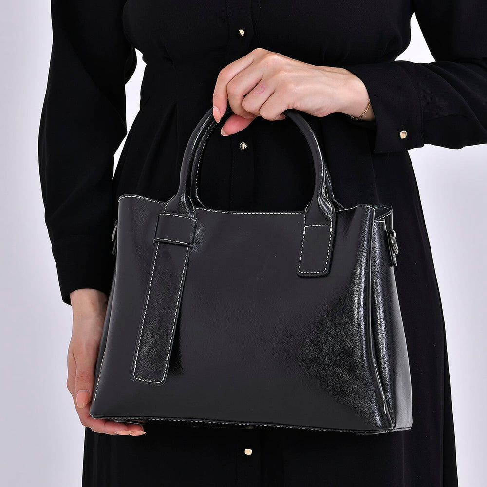 Milan Fashion Closeout - 100% Genuine Leather Shoulder Bag with 2 Long Shoulder Strap -  Black