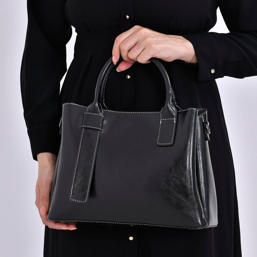 Milan Fashion Closeout - 100% Genuine Leather Shoulder Bag with 2 Long Shoulder Strap -  Black