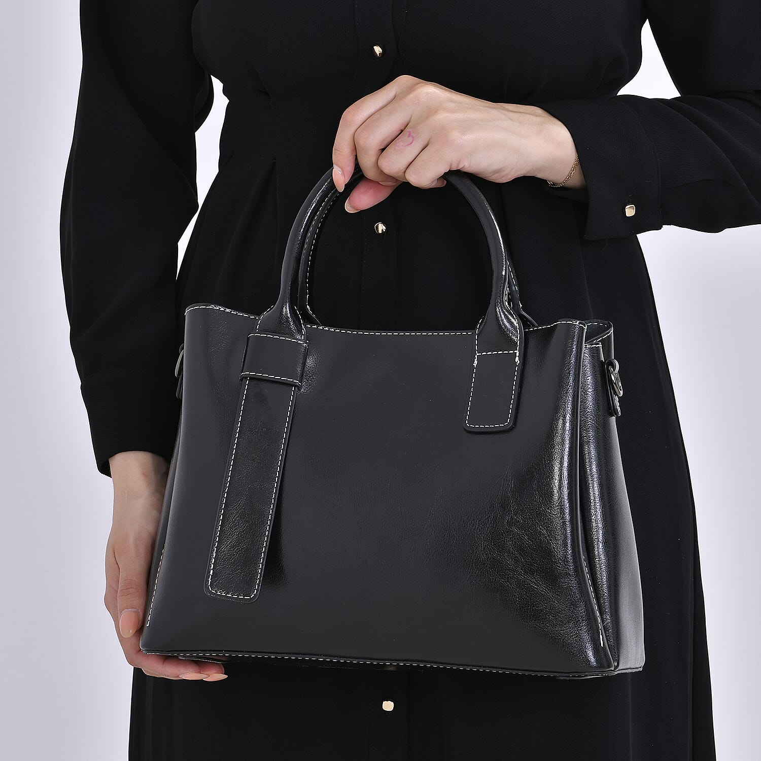 Milan Fashion Closeout - 100% Genuine Leather Shoulder Bag with 2 Long Shoulder Strap -  Black