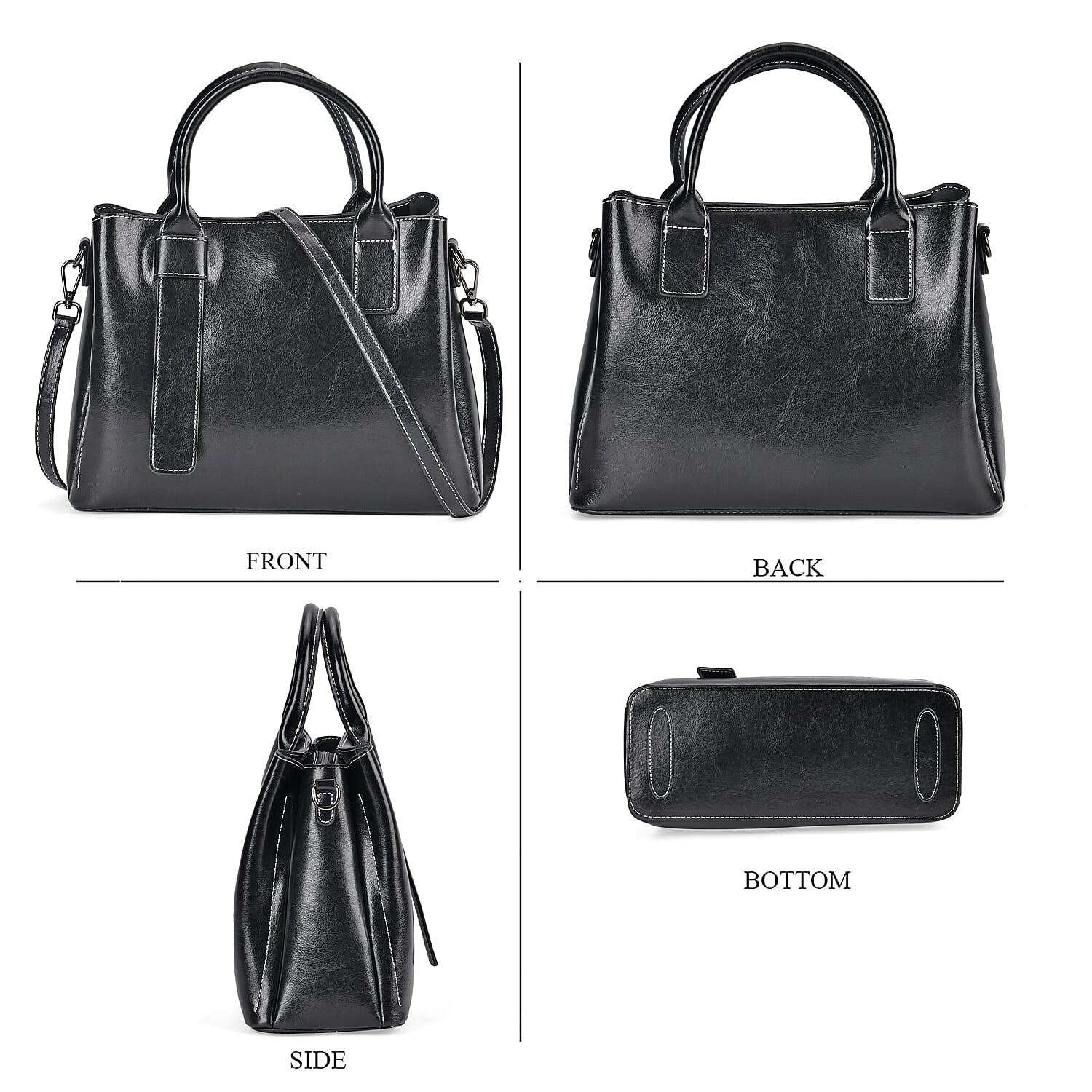 Milan Fashion Closeout - 100% Genuine Leather Shoulder Bag with 2 Long Shoulder Strap -  Black