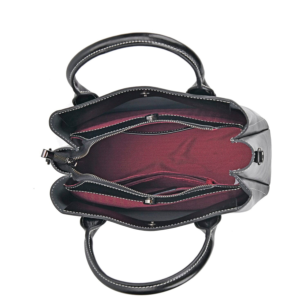 Milan Fashion Closeout - 100% Genuine Leather Shoulder Bag with 2 Long Shoulder Strap -  Black