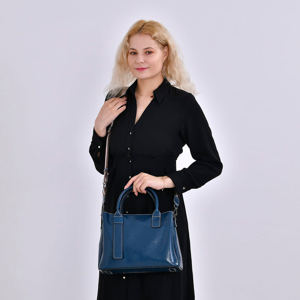 Milan Fashion Closeout - 100% Genuine Leather Crossbody Bag with 2 Long Shoulder Strap -  Blue