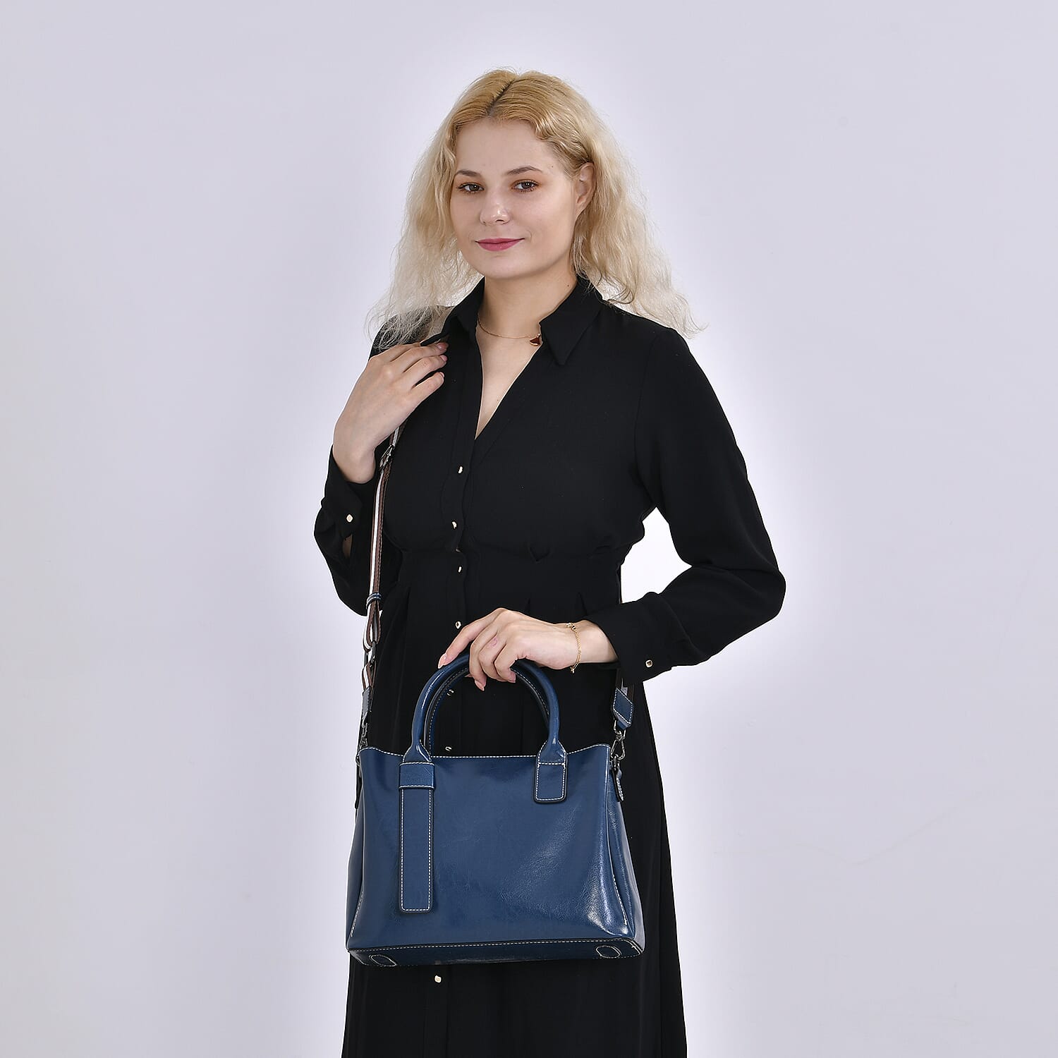 Milan Fashion Closeout - 100% Genuine Leather Crossbody Bag with 2 Long Shoulder Strap -  Blue