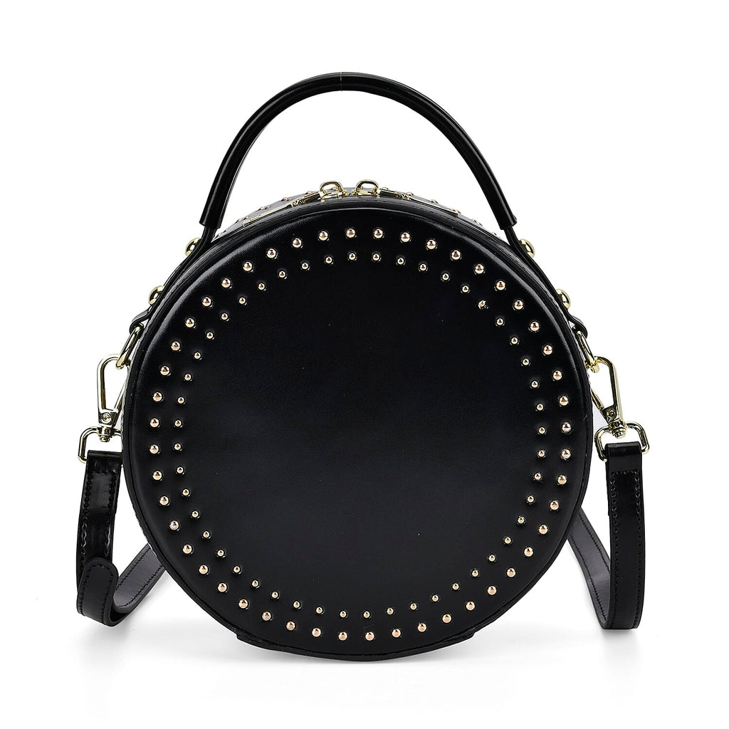 Genuine Leather Stylish Studded Circle Purse With Top Handle & Adjustable Strap - Black