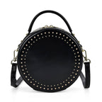 Genuine Leather Stylish Studded Circle Purse With Top Handle & Adjustable Strap - Black