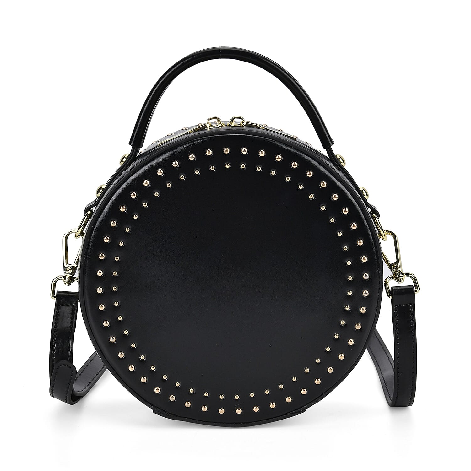 Genuine Leather Stylish Studded Circle Purse With Top Handle & Adjustable Strap - Black