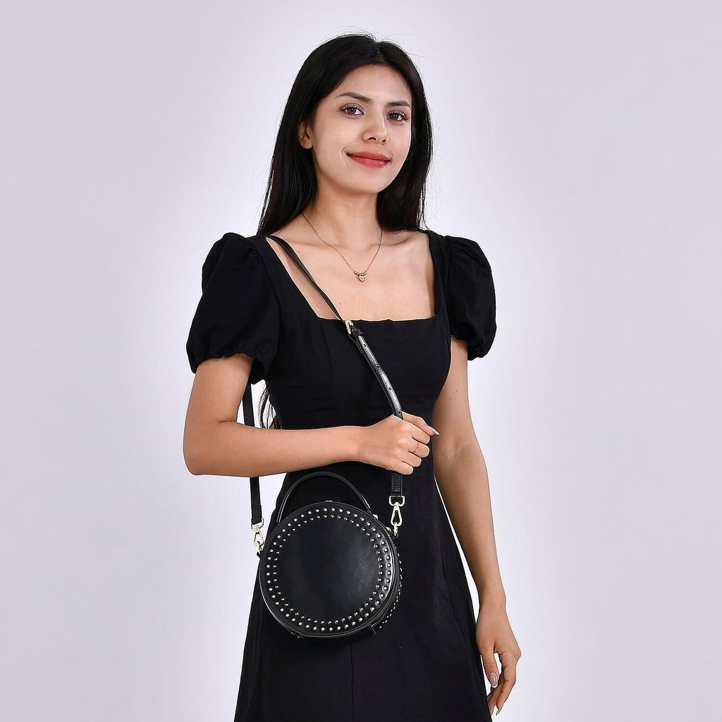 Genuine Leather Stylish Studded Circle Purse With Top Handle & Adjustable Strap - Black