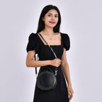 Genuine Leather Stylish Studded Circle Purse With Top Handle & Adjustable Strap - Black