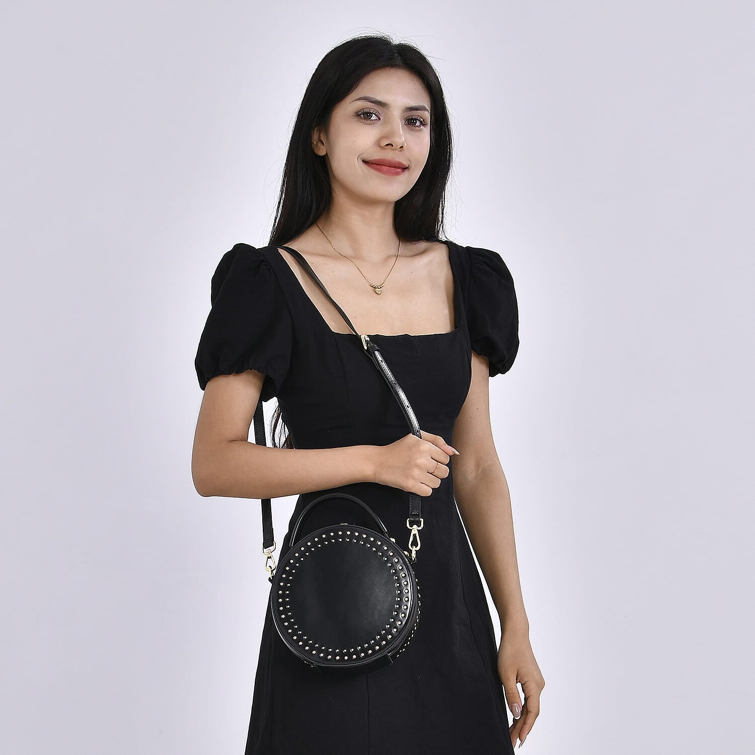 Genuine Leather Stylish Studded Circle Purse With Top Handle & Adjustable Strap - Black