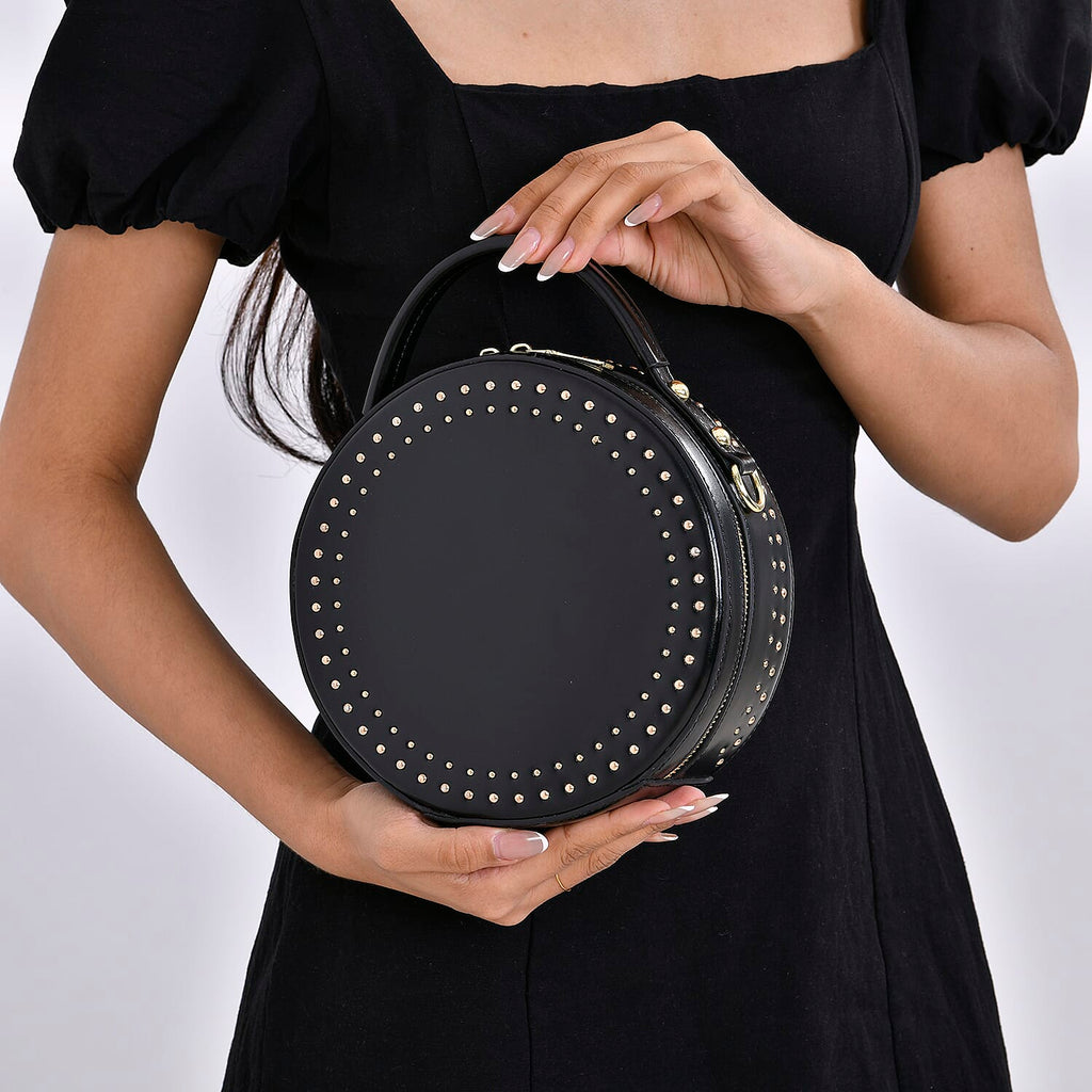 Genuine Leather Stylish Studded Circle Purse With Top Handle & Adjustable Strap - Black