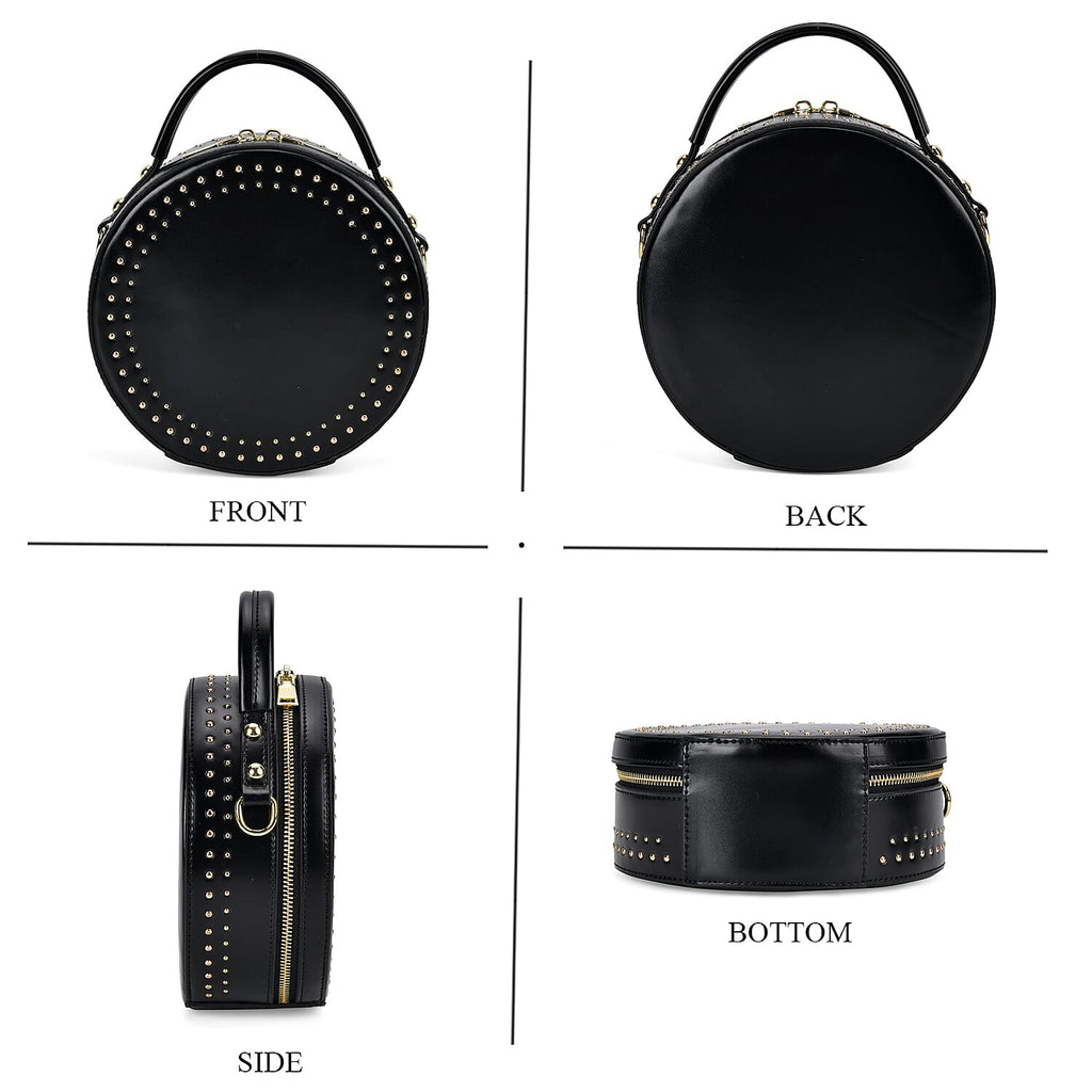 Genuine Leather Stylish Studded Circle Purse With Top Handle & Adjustable Strap - Black