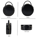 Genuine Leather Stylish Studded Circle Purse With Top Handle & Adjustable Strap - Black